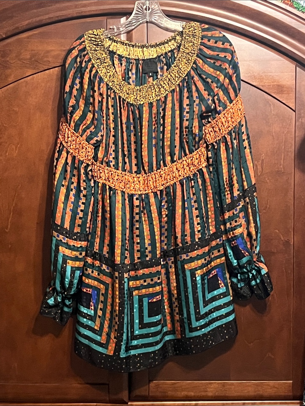 Anna Sui Multicolor Stripe & Geometric Boho Tunic Dress- Teal, Orange, Black
